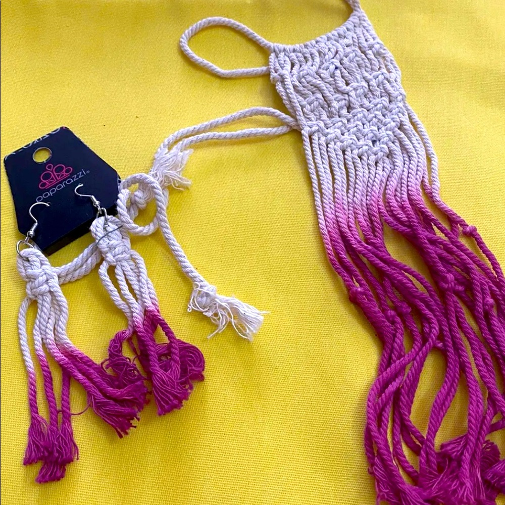 Hippie macramé earrings and long 22 in necklace So groovy